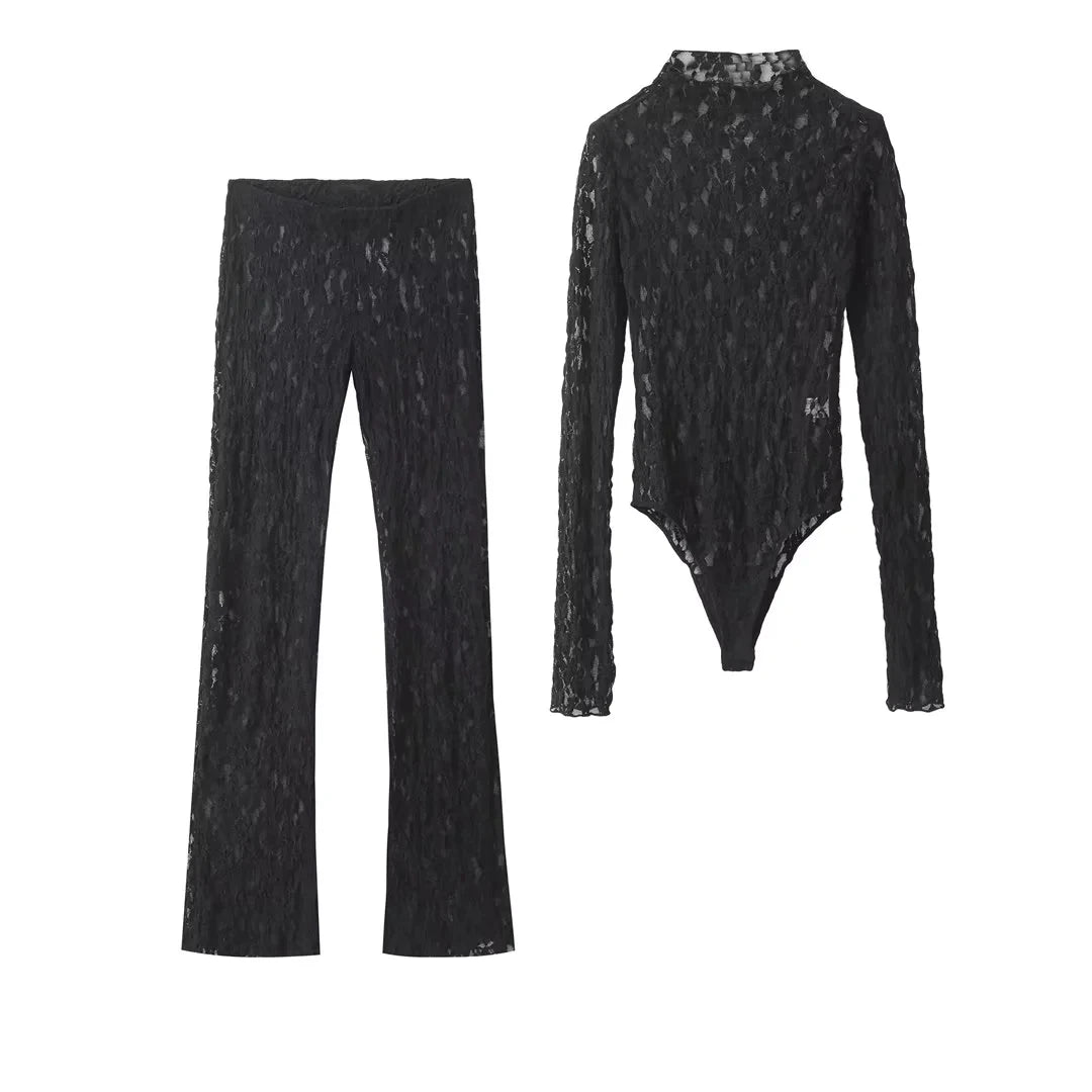 Conjunto Slim Lace – Top + Calça de Renda Transparente