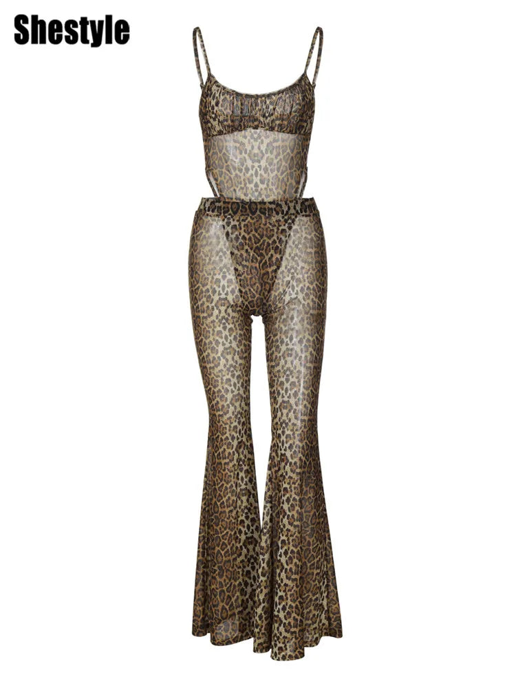 Conjunto Wild Nights – Body de Alça + Calça Flare em Tule Animal Print.