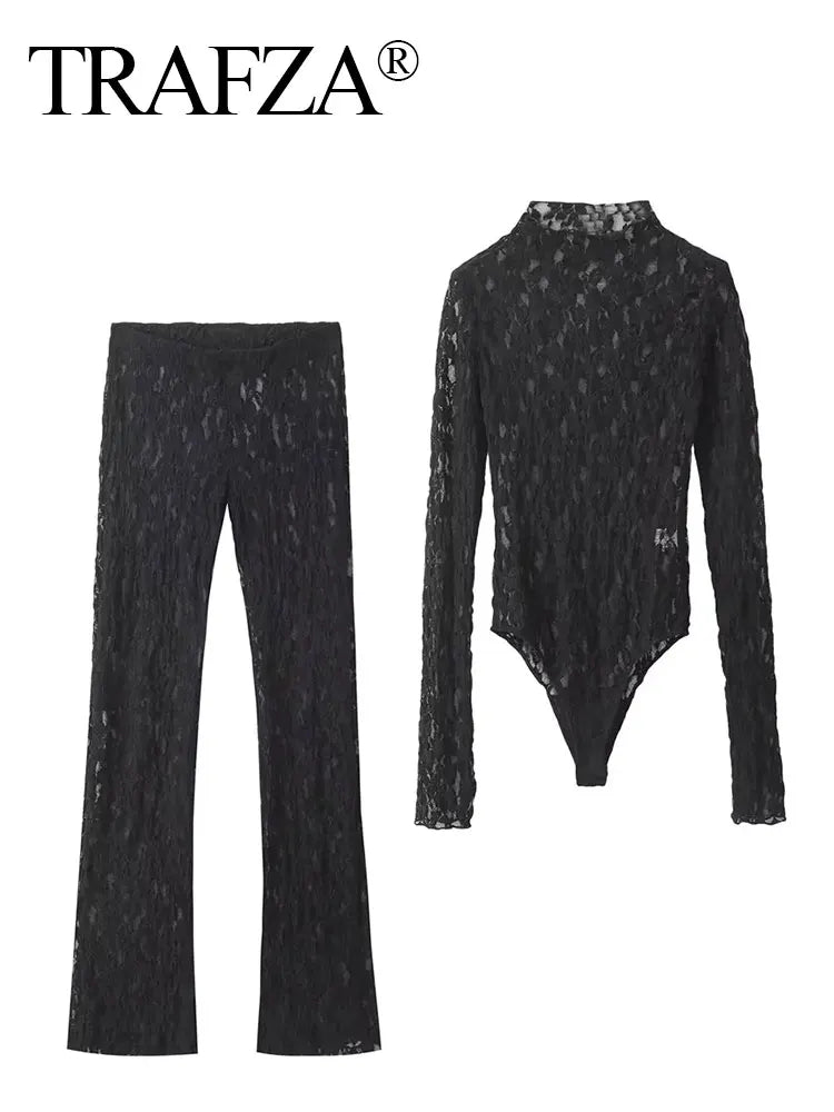Conjunto Slim Lace – Top + Calça de Renda Transparente