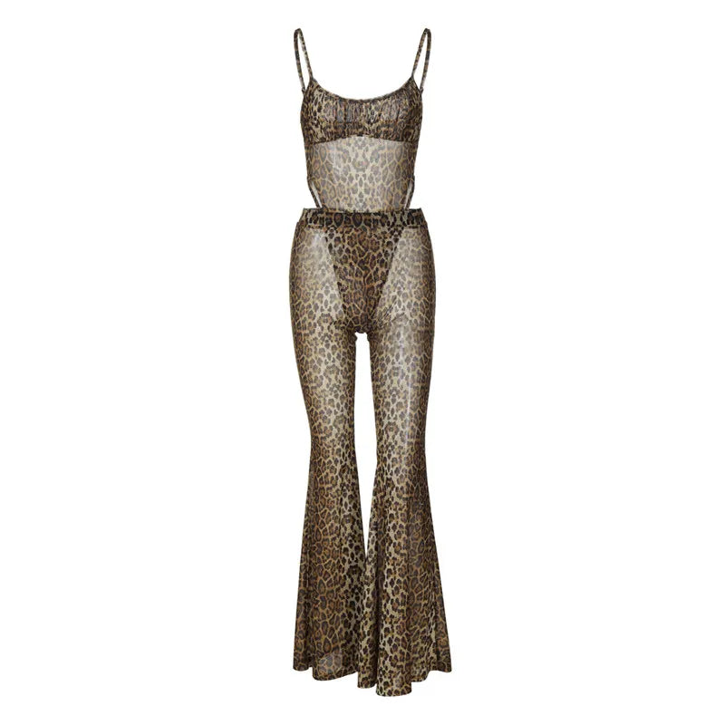 Conjunto Wild Nights – Body de Alça + Calça Flare em Tule Animal Print.
