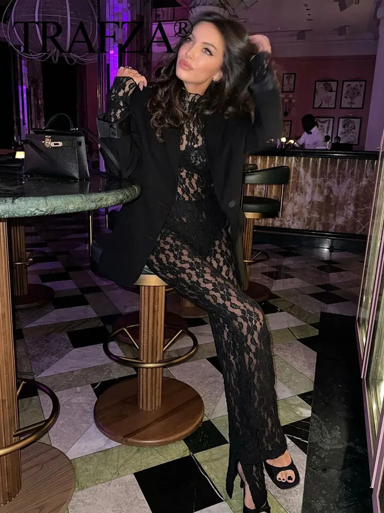 Conjunto Slim Lace – Top + Calça de Renda Transparente