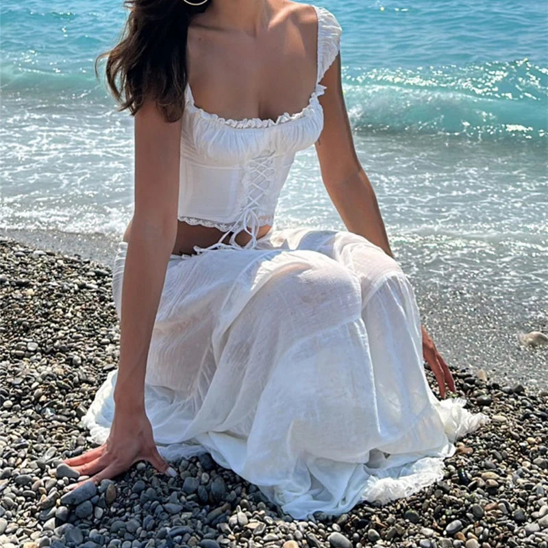 Conjunto Off-Shoulder & Saia Longa.