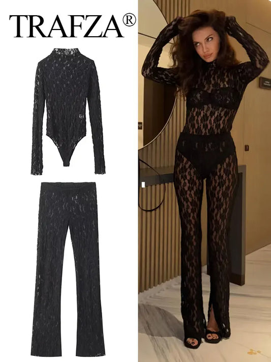 Conjunto Slim Lace – Top + Calça de Renda Transparente